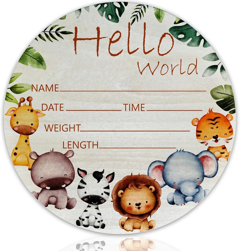 CLHHM Hello World Giraffe Yellow Elephant Birth Announcement 6" Round Birch Wood Newborn Sign for Nursery Hospital & Baby Shower, Personalized Baby Name Plaque, Keepsake Décor Gift for New Parents - Image 1